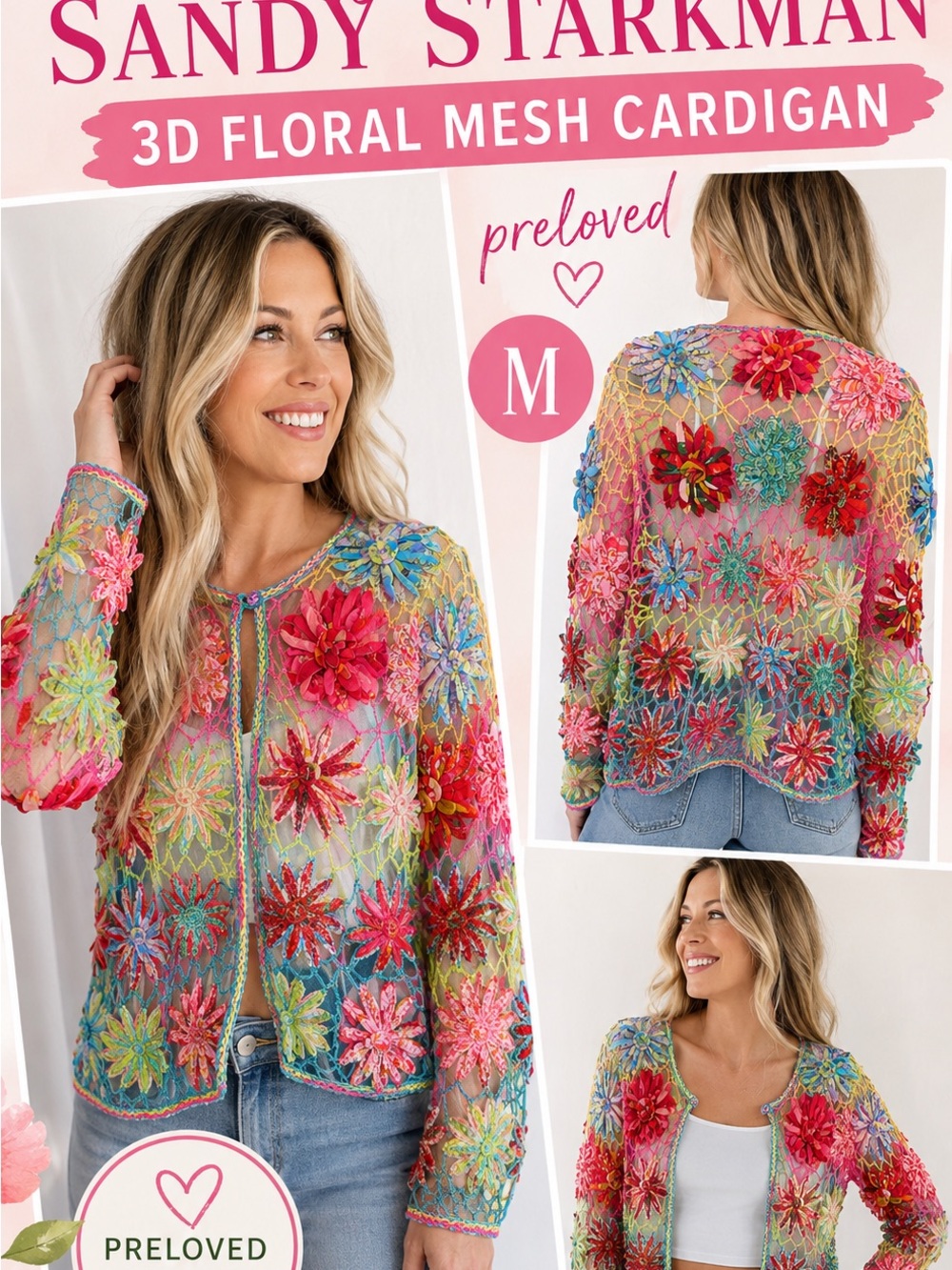 Sandy Starkman Multicolor 3D Floral Mesh Cardigan - Women’s Medium